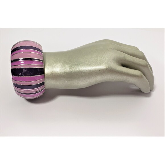 Pink Purple 1.5" Wide Clamper Bracelet Silver Tone Metal Chunky Domed Striped - Picture 4 of 9